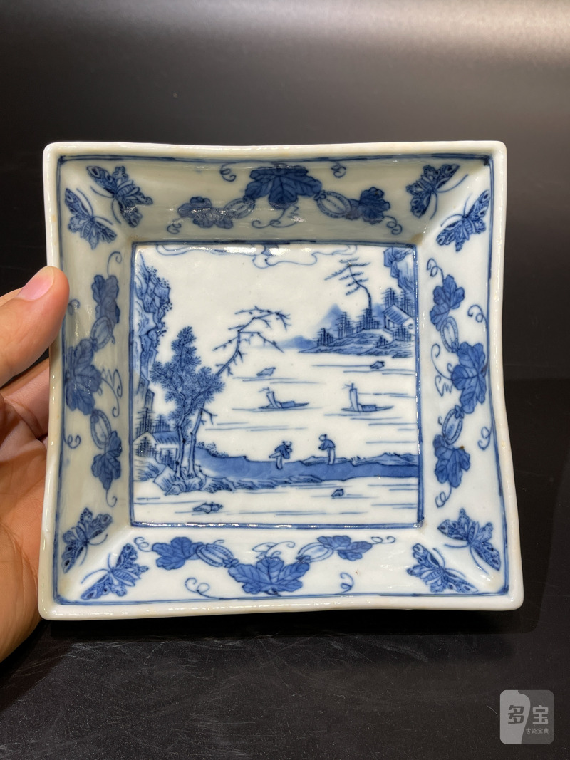 清嘉庆 青花山水人物图方盘 - 图3